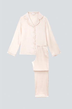 Daisy Women's Pink Pajama Set features a comfortable loose fit with a charming ruffled collar and cuffs.