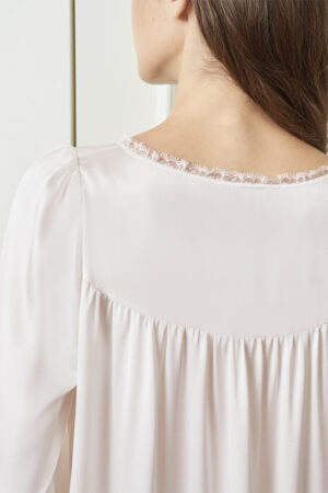 Detailed back view of Dream Women's Nightdress in pink silk, showing gathered detailing and delicate lace edge.