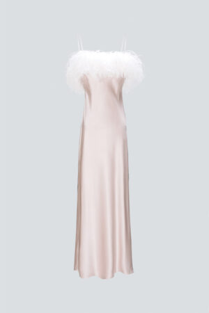 Fiesta pink feather silk nightdress, a delicate and sophisticated garment with a feathered flat neck, presented in a minimalist setting.