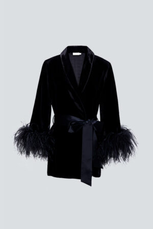 Fiesta velvet pajama top with a feather-trimmed belt.