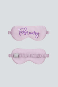 Lavender Lune Silk Eye Mask with “February” sequin design, made from mulberry silk.