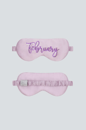 Lavender Lune Silk Eye Mask with “February” sequin design, made from mulberry silk.