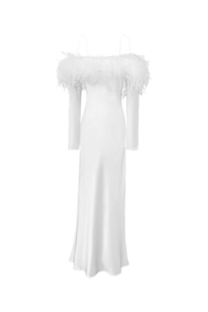 White New Diva Feather Off-the-shoulder Dress displayed on white background, floor-length silhouette with airy feather neckline.