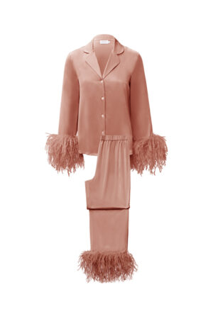 Coral New Diva Feather Pajamas Set displayed flat, button-front top and relaxed trousers with detachable feather trims at cuffs and ankles.
