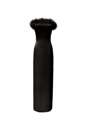 Black New Diva feather strapless dress on white background, long column design with feather-trimmed neckline.