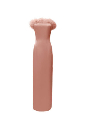Coral New Diva feather strapless dress on white background, minimalist long silhouette finished with a soft feather neckline.