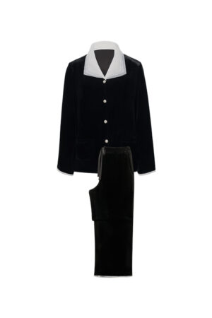 Flat lay of Poetic Women's Tulle Collar Velvet Pajama Set in black, featuring the pearl-button top and matching drawstring pants.