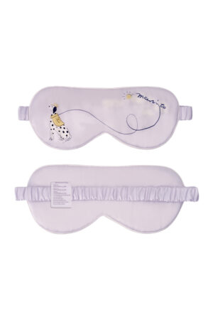 Puppy Silk Eyemask in purple with a spotted dog illustration and a leash forming a looping logo motif, shown front and back.