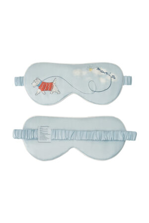 Puppy Silk Eyemask in blue with a small terrier in a red sweater and a swirling leash motif, displayed from the front and back.