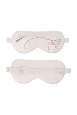 Puppy Silk Eyemask in pink, featuring a fluffy poodle illustration and leash that forms the MANITO logo, front and back view.