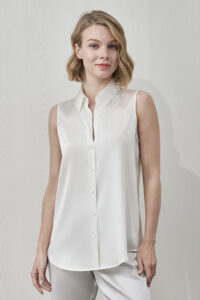 MANITO Signature Women's Silk Sleeveless Shirt in white with clean drape and elegant silhouette.