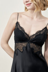 MANITO Wedding V-neck Lace Silk Mini Dress in black with sheer lace bodice close-up.