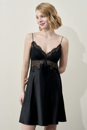 MANITO Wedding V-neck Lace Silk Mini Dress in black, styled with thin straps and lace detailing.