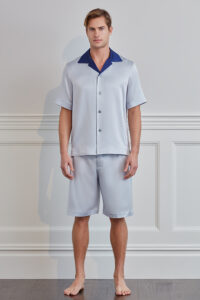 MANITO Sketchy Men's Short Pajama Set in silver gray with contrast navy collar, front view.